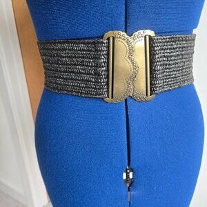 Betsy Johnson black woven belt with brass buckle
